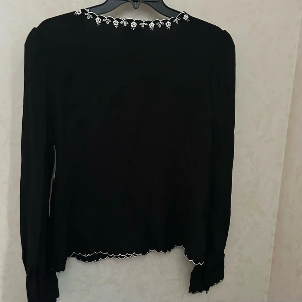 Reformation Black V-Neck Long Sleeve Blouse with White Ribbon & Embroidered Trim